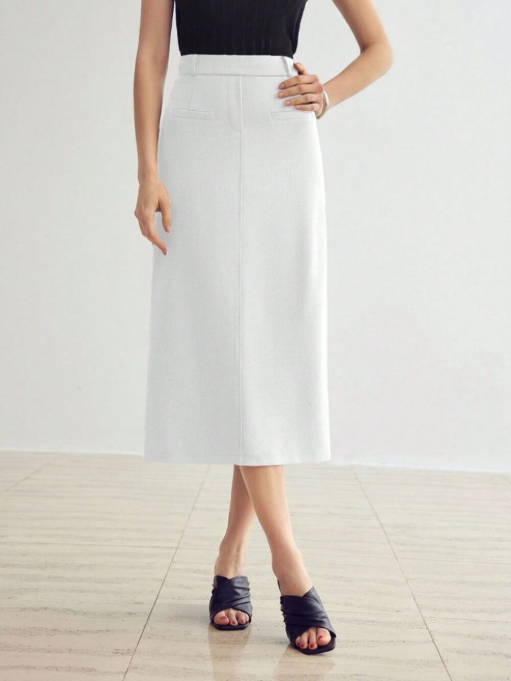 White High Waist Seam Front Pocket Detail Midi Pencil Skirt